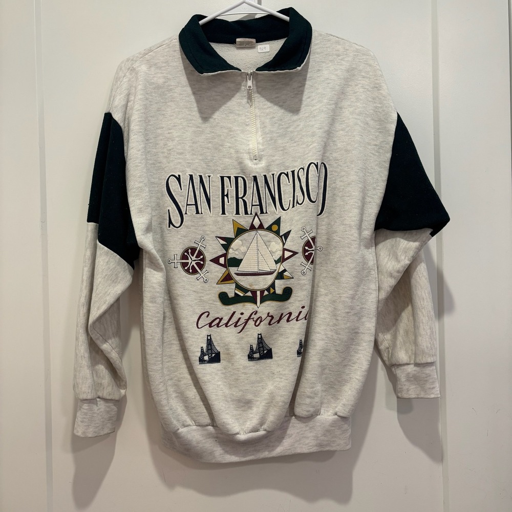 Vintage San‎ Francisco California Quarter Zip Sweatshirt Grey Sailboat USA Made